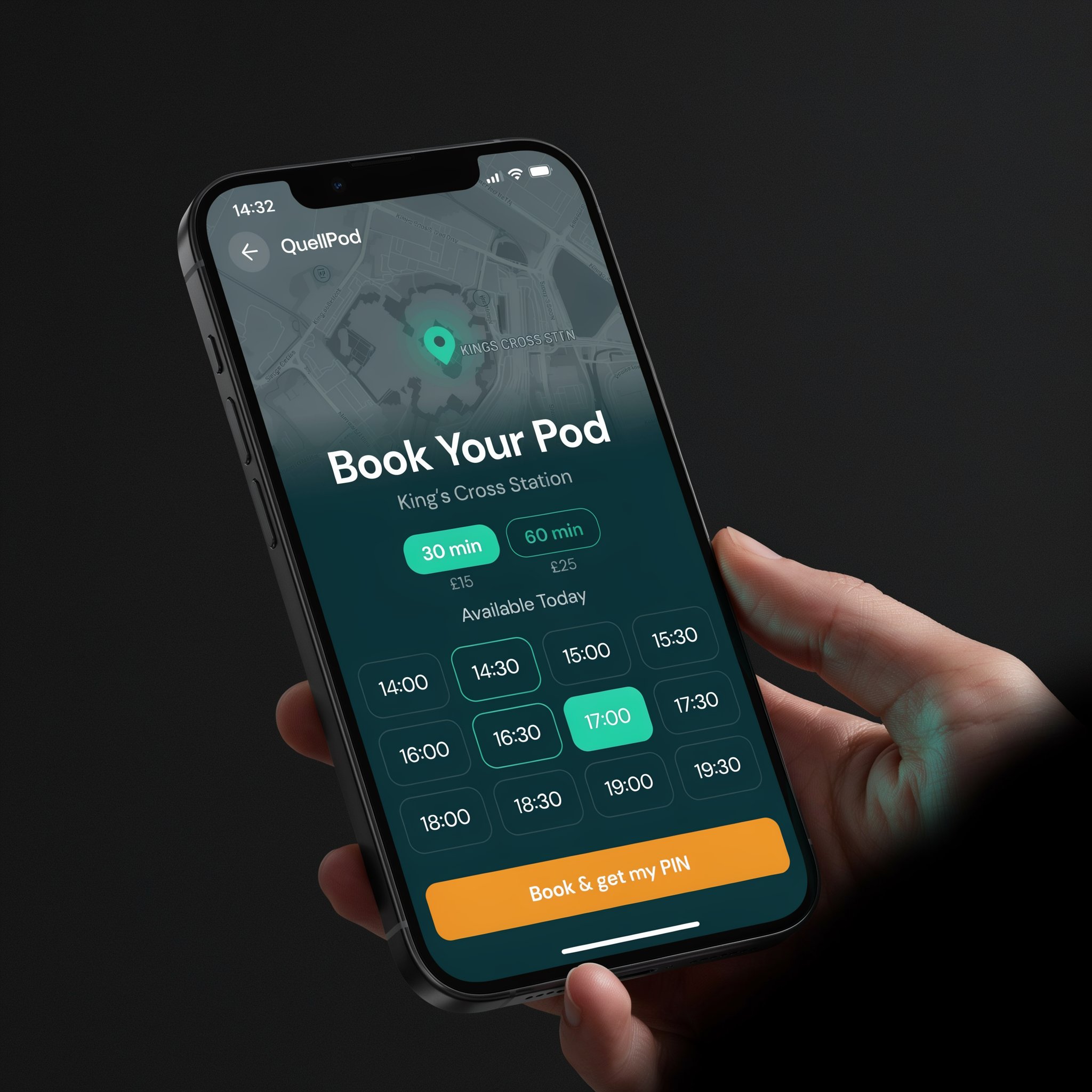 QuellPod app booking screen showing real-time pod availability at King's Cross station