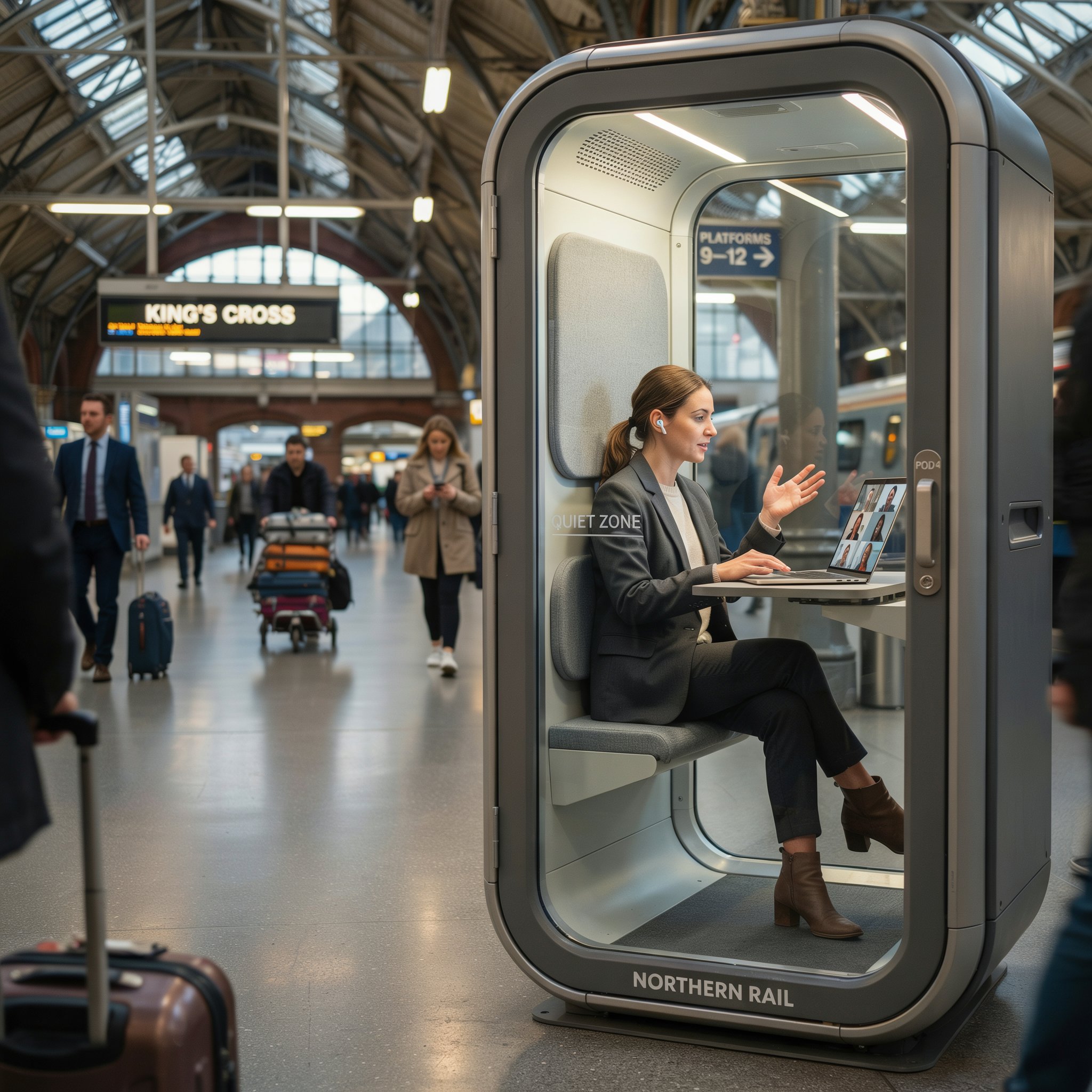QuellPod soundproof booth in a busy UK rail station concourse